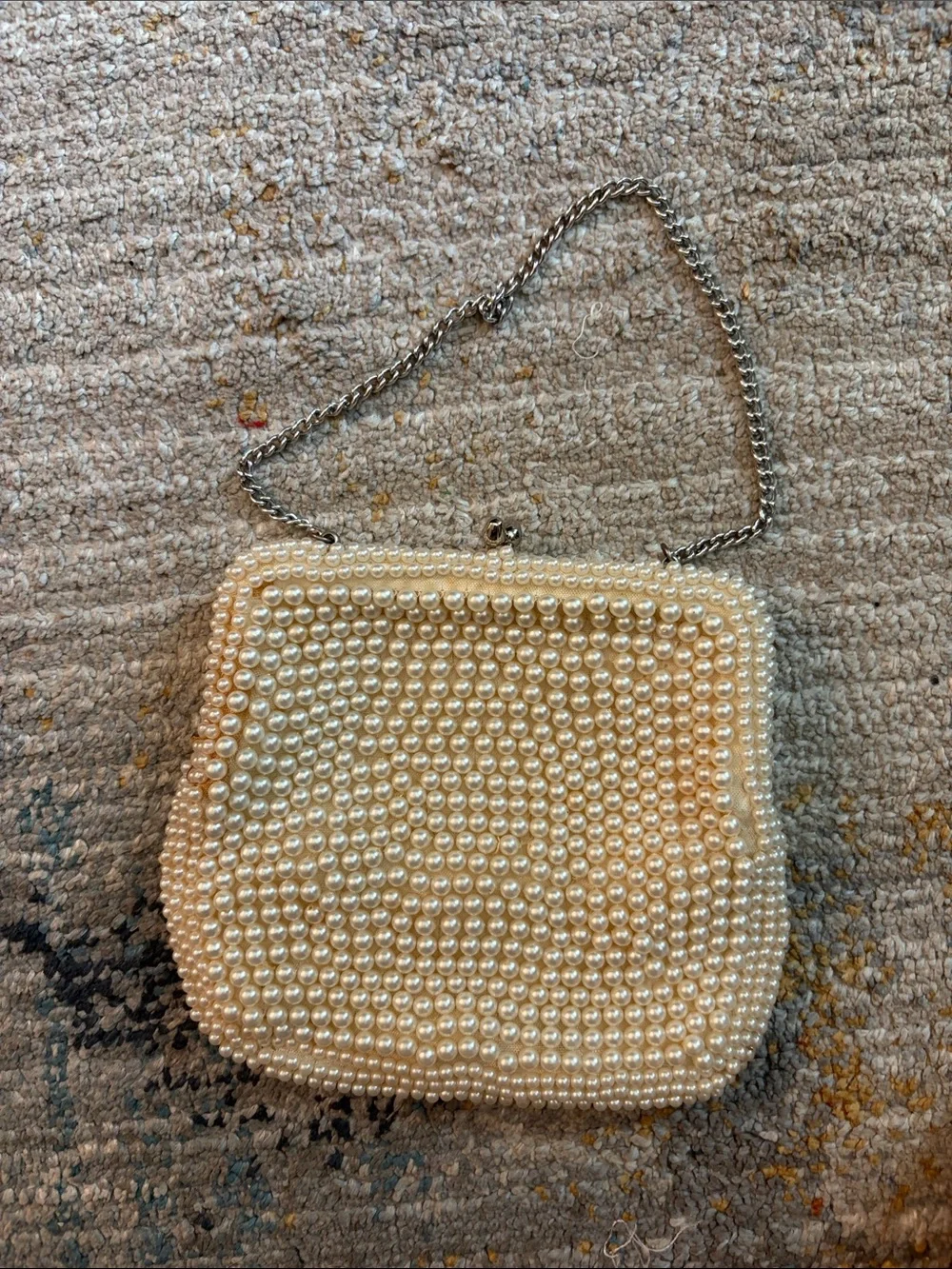 Pearl Beaded Women’s Handbag with Chain Strap - Cream